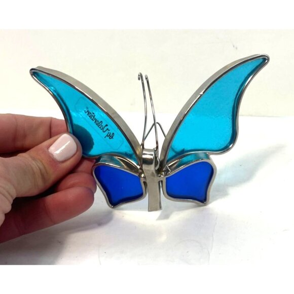 Valentien Blue Silver Butterfly Glass Suncatcher For Decor - Picture 2 of 6